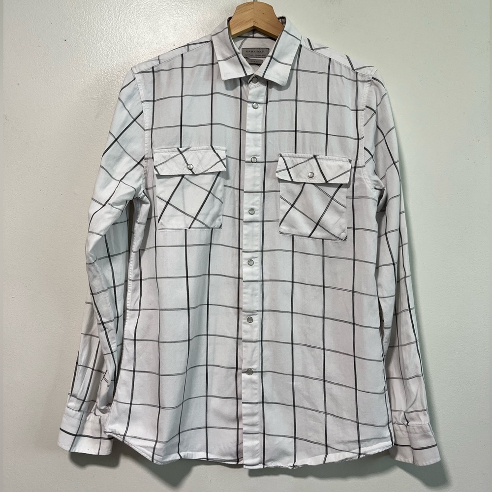 Zara Man Slim Fit White & Black Grid Plaid Button-Down Shirt Size M